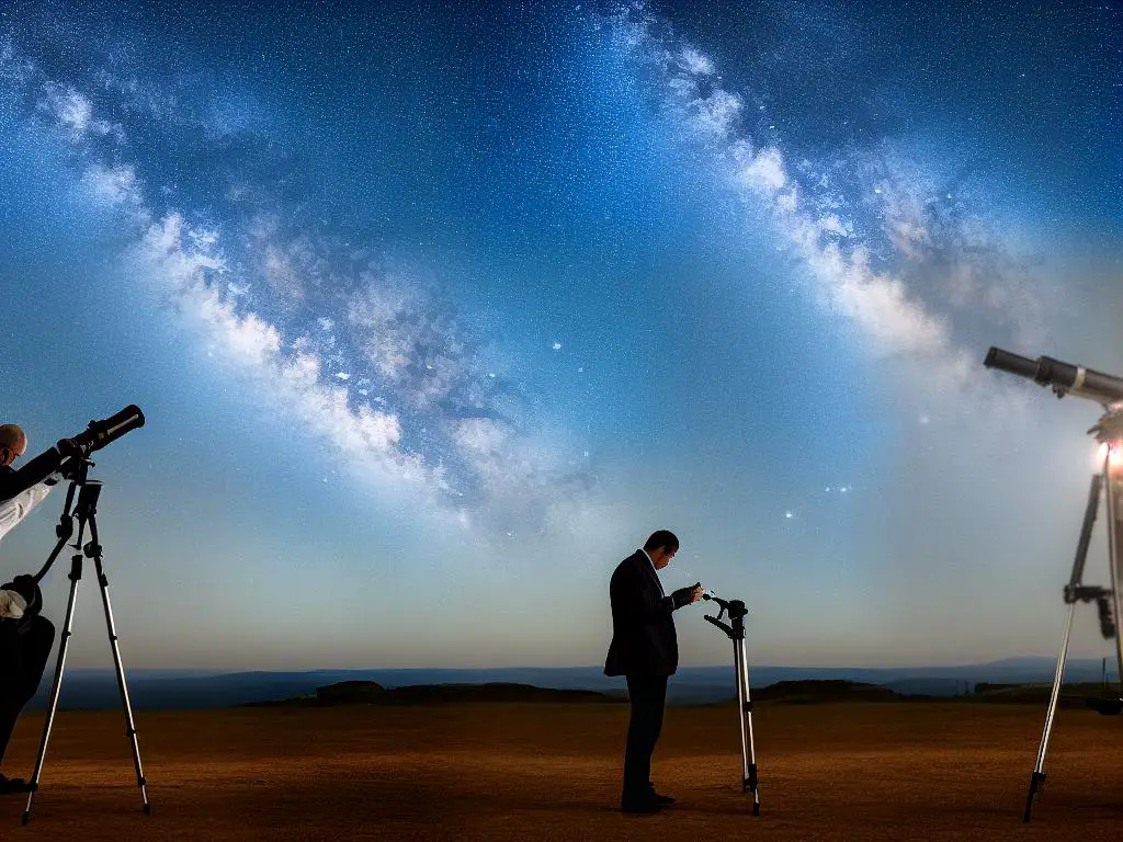 A person with a telescope looking at the starry sky, representing the concept of core-satellite investing, balancing stable returns and potential higher returns