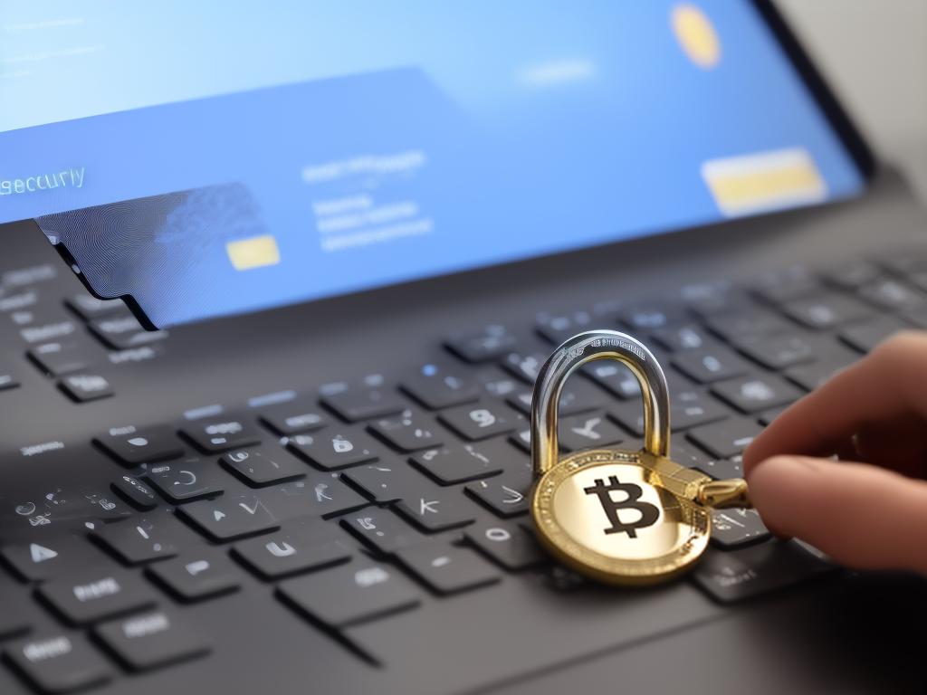 A person typing on a laptop with a security padlock on the screen and cryptocurrency symbols around it