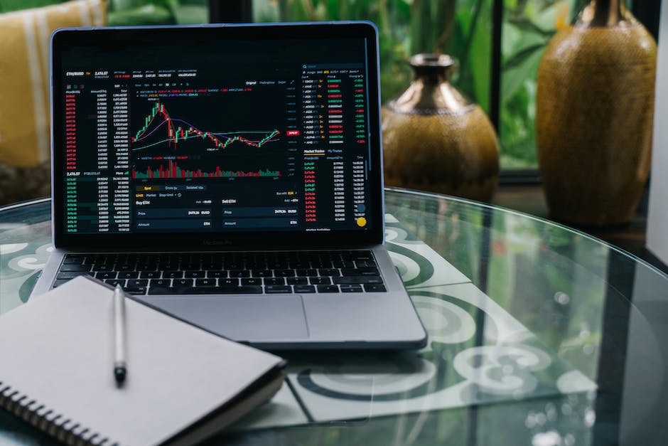A picture of a person using a laptop with a chart and graph on the screen. The picture represents the importance of risk management in cryptocurrency investments.