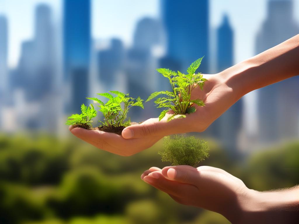 A hand holding a tiny plant in front of an urban skyline, representing the concept of impact investing contributing to environmental sustainability.