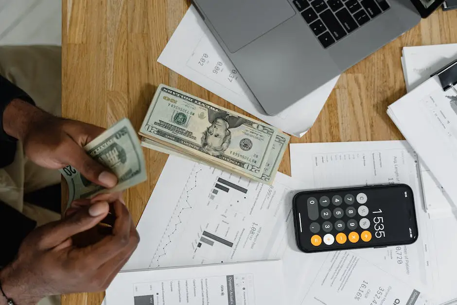 The image shows a person sitting at a desk, with a calculator, pen, and paper in front of them. The person looks thoughtful, with their hand on their chin, while calculating their finances. They seem to be working on a budgeting and saving strategy for their Roth IRA before the deadline.