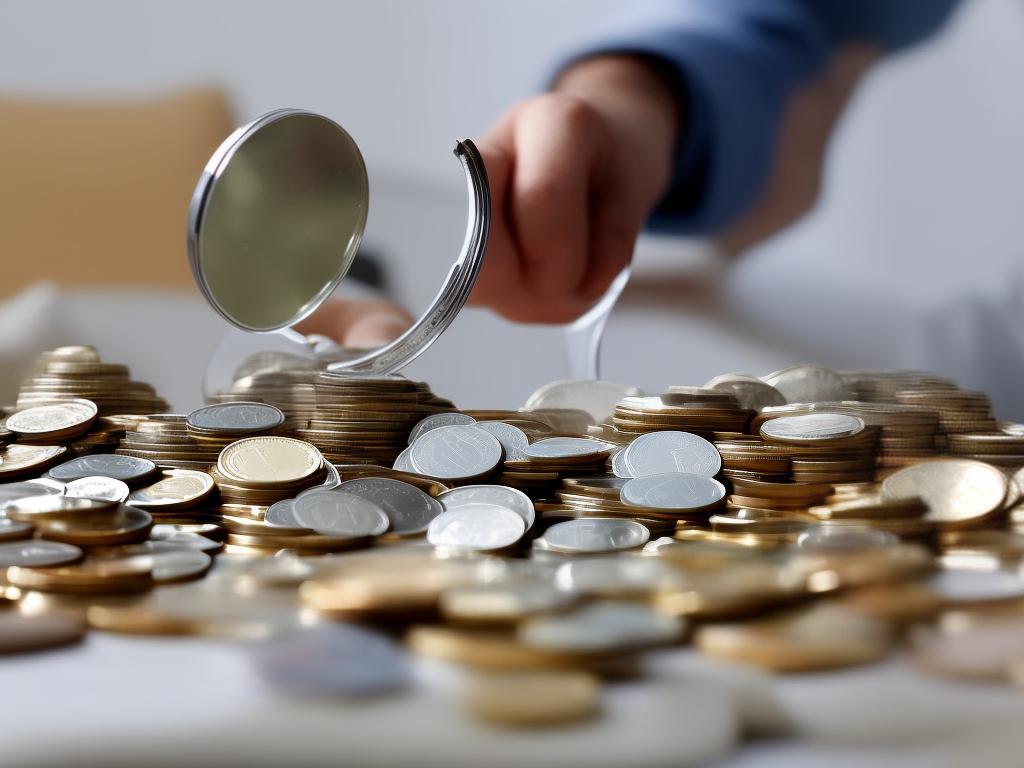 A person holding a magnifying glass over a pile of coins, symbolizing the search for undervalued stocks.